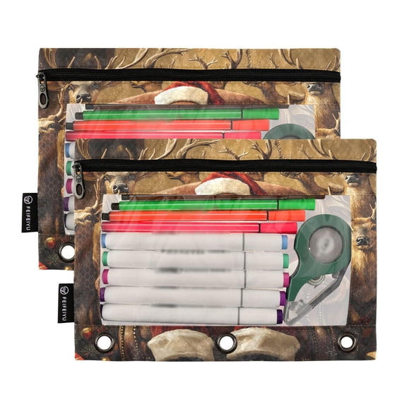 2 Pack Pencil Pouch for 3 Ring Binder Smooth Zipper Folders with Pockets Clear Window Pencil Case Christmas Santa Claus and Deers