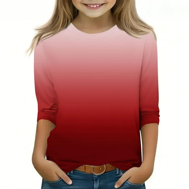 Cowsor Kids' Gradient Color 3/4 Sleeve Top – Round Neck, Casual for 1-12Y
