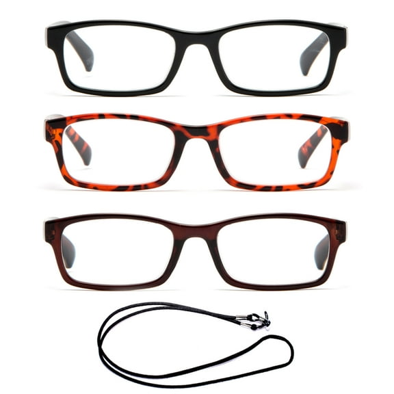 3 Pack Newbee Fashion- "Bower" Slim Fit Vintage Style Painted Wood Reading Glasses with Lanyard  1.00