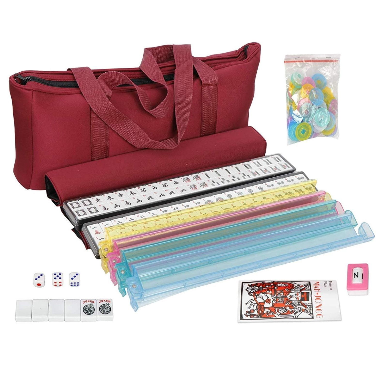 Complete American Mahjong Set, All-in-One Rack Pushers and Soft Bag, 166 Tiles, Red