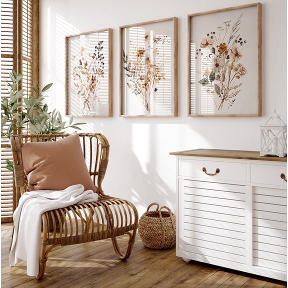 Wildflower Prints Neutral Spring Floral Art Minimalist Boho Wall Decor Set 3 Unframed Paper Print 8x12