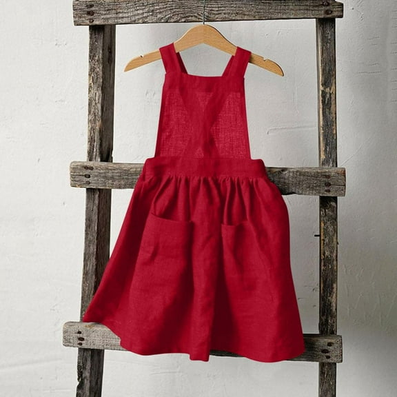 Bxsruta Back Button Suspender Dress for Girls, Pocketed Denim-Style Linen Blend Sundress for Spring and Summer Daily Wear