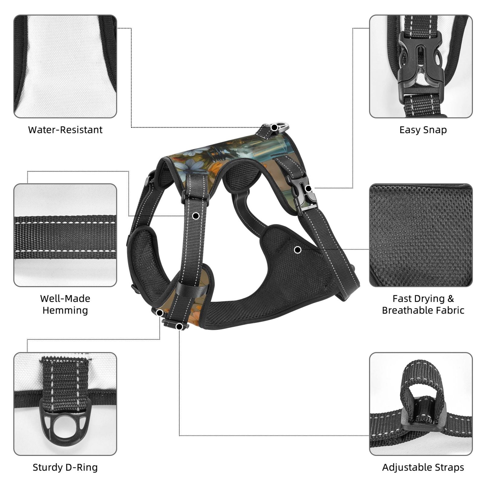 Vsdgher Charming Daisy Bouquet Art Dog Harness, No-Pull Pet Harness, Dog Vest, Pet Vest for Small to Large Dogs-Small