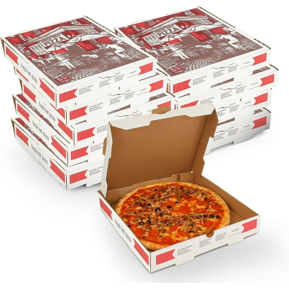 MT Products White and Red B-Flute Pizza Boxes 12" x 12" x 2" - Pack of 10