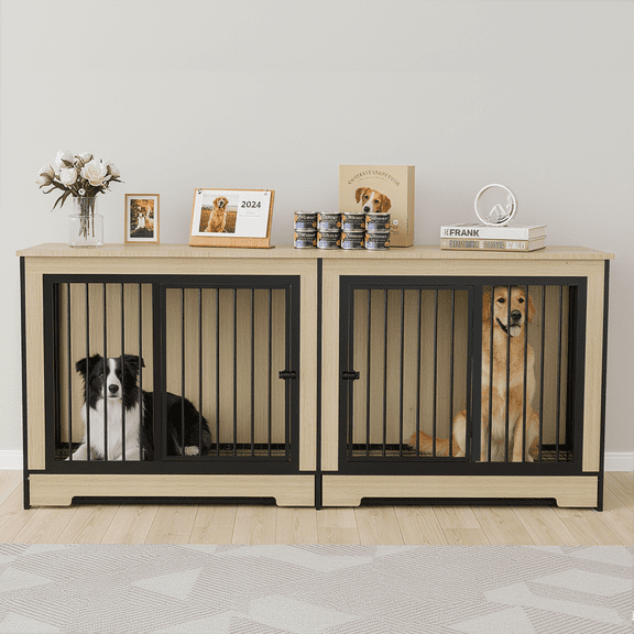 YIYADO Large Double Dog Cage, Dog Cage with Two Combined Rooms, with Medium Large Dog Tray, Wooden Dog Kennel Furniture, Brown