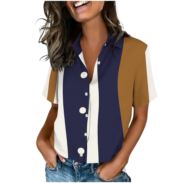 Blusas para las mujeres Casual manga corta impresa con botón de bolsillo, camiseta cómoda para primavera verano