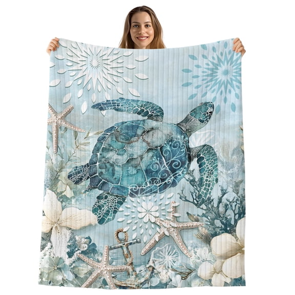 Teal Turtle Coastal Throw Blanket, Flannel Fleece Blanket with Striped Design for Couch, Summer Beach Nautical Starfish Soft Breathable All Season Plush Blankets for Sofa Chair Travel 32"x48"