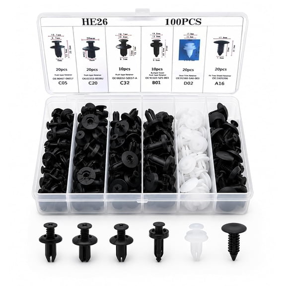 100 PCS Bumper Push Fasteners Rivet Clip Kit: 6 Popular Sizes Fenders/Body Fixing Clips, ABS Bumper Retainer Clips Car Rivets Fasteners Retainer Kit, Universal for Most Cars, Trucks, SUVs