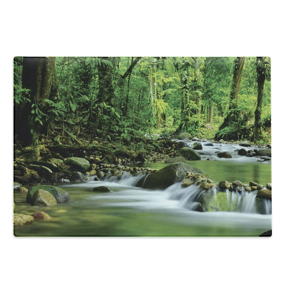 Rainforest Cutting Board, Mountain Stream in a Tropical Rain Forest Foliage Countryside Wilderness Scene, Decorative Tempered Glass Cutting and Serving Board, Large Size, Green Brown, by Ambesonne