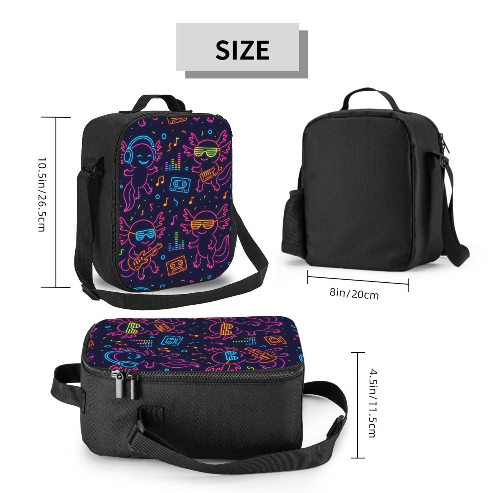 Thermal Insulation One Shoulder Portable Bento Bag Can Be Reused 8×10.5in For Carrying Drinks Bento Box Fruit Snacks Neon Party Axolotls - 80s Synthwave