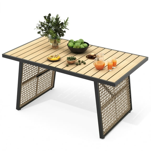 DWVO Patio Dining Table 59.1" x 34.3" Outdoor Furniture Wood Metal Rectangular Table, Brown