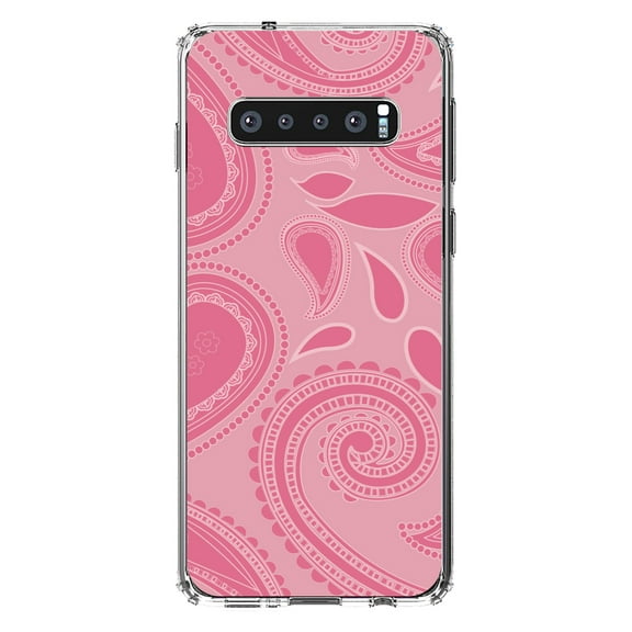 DistinctInk Clear Shockproof Hybrid Case for Samsung Galaxy S10  PLUS(6.4" Screen) - TPU Bumper, Acrylic Back, Tempered Glass Screen Protector - Big Pink Paisley