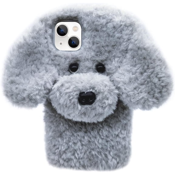 Compatible with iPhone 11 Case Cute Plush Furry Dog Phone Case for Women Girls Girly 3D Cartoon Kawaii Case Soft TPU Shockproof Protective Cover Gray