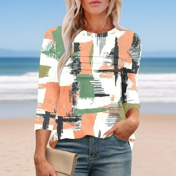 LiMoi Summer Tops for Women Trendy Large 3/4 Sleeve Womens Tops Tshirts Shirts for Women Plus Size Cotton Floral Shirts for Women Trendy Get it Fast