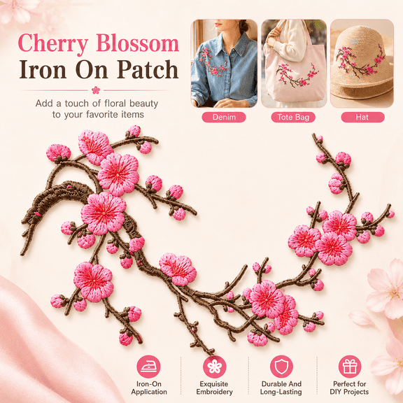 Cmunyle Cherry Blossom Patches Iron On Embroidered Floral Branch Applique for Jeans Jackets Backpacks and Garment Decoration