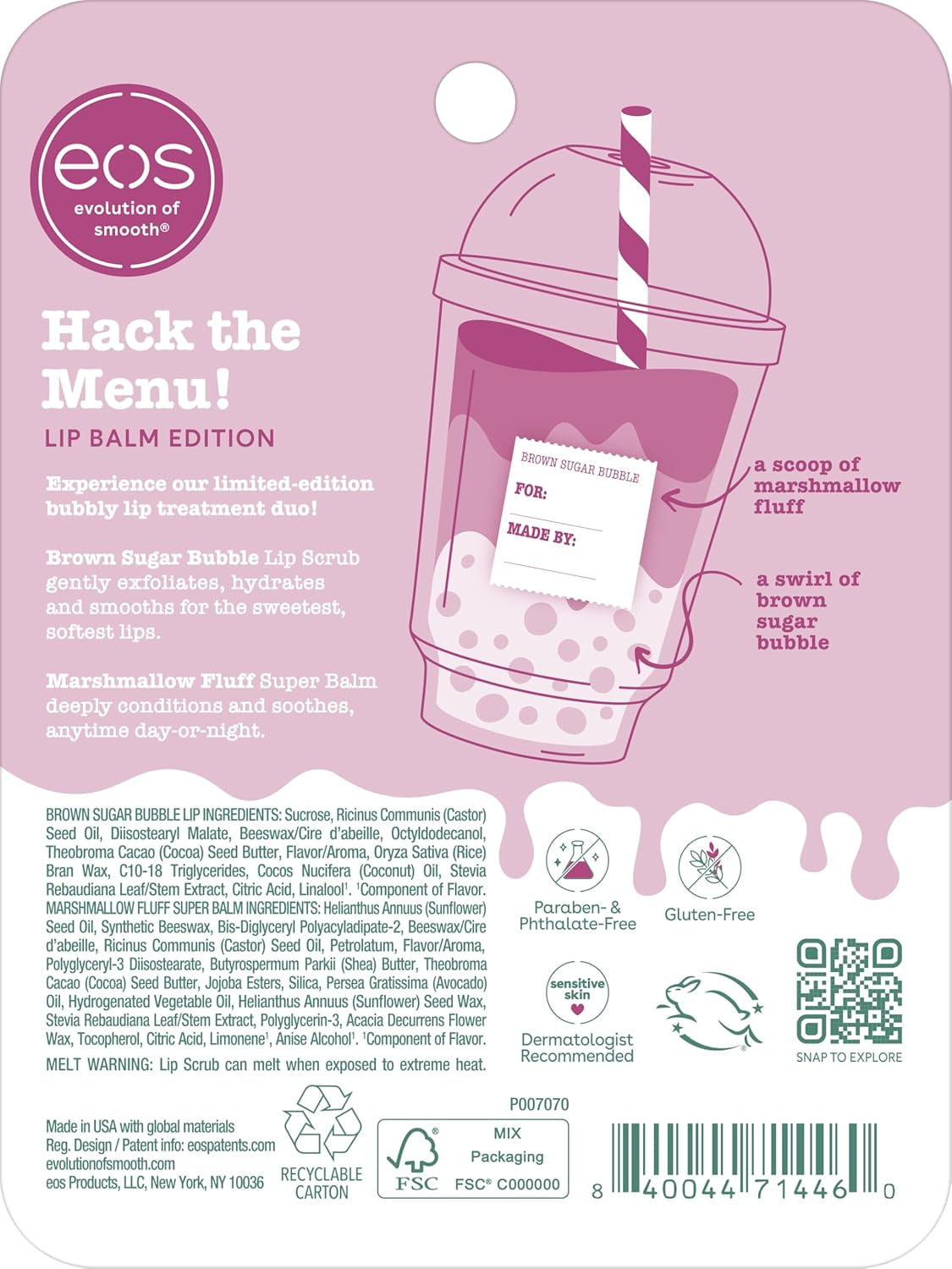 eos Secret Menu Gift Set - Brown Sugar Bubble Lip Scrub & Marshmallow Fluff Balm, Limited-Edition Lip Treatment 2-Pack