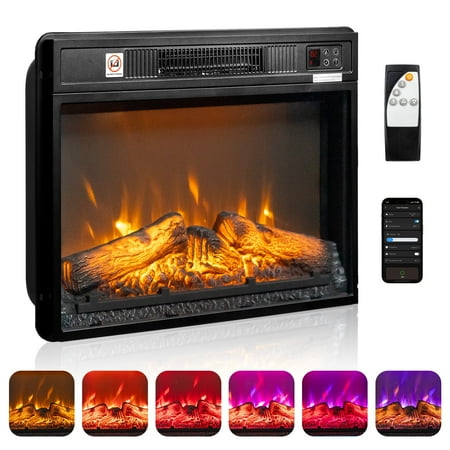 Ktaxon 18 Electric Fireplace Inserts with APP & Remote Control 1400W Recessed Stove Heater with 8H Timer 6 Flame Colors 5 Brightness for Indoor Use
