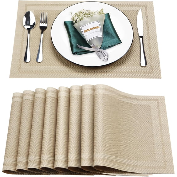 Beige Woven Vinyl Placemats Set of 8, 18 x 12 Inch PVC Polyester Place Mats for Kitchen Dining Table, Restaurant and Indoor Outdoor Decor