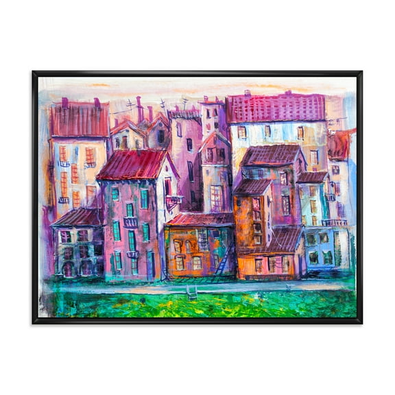 Designart 'Street With Colorful Old Homes Landscape' Modern Framed Canvas Wall Art Print
