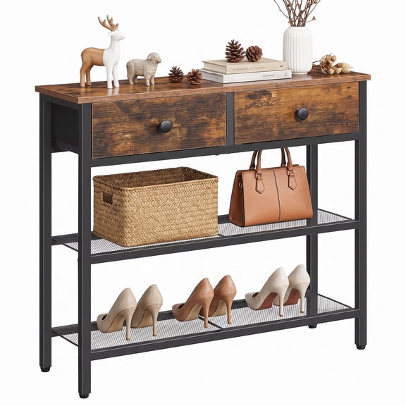 Behome Narrow Console Table,Console Table with Drawers and Shelves,3-Tier Sofa Table for Living Room, Entrance, Hallway, Rustic Brown
