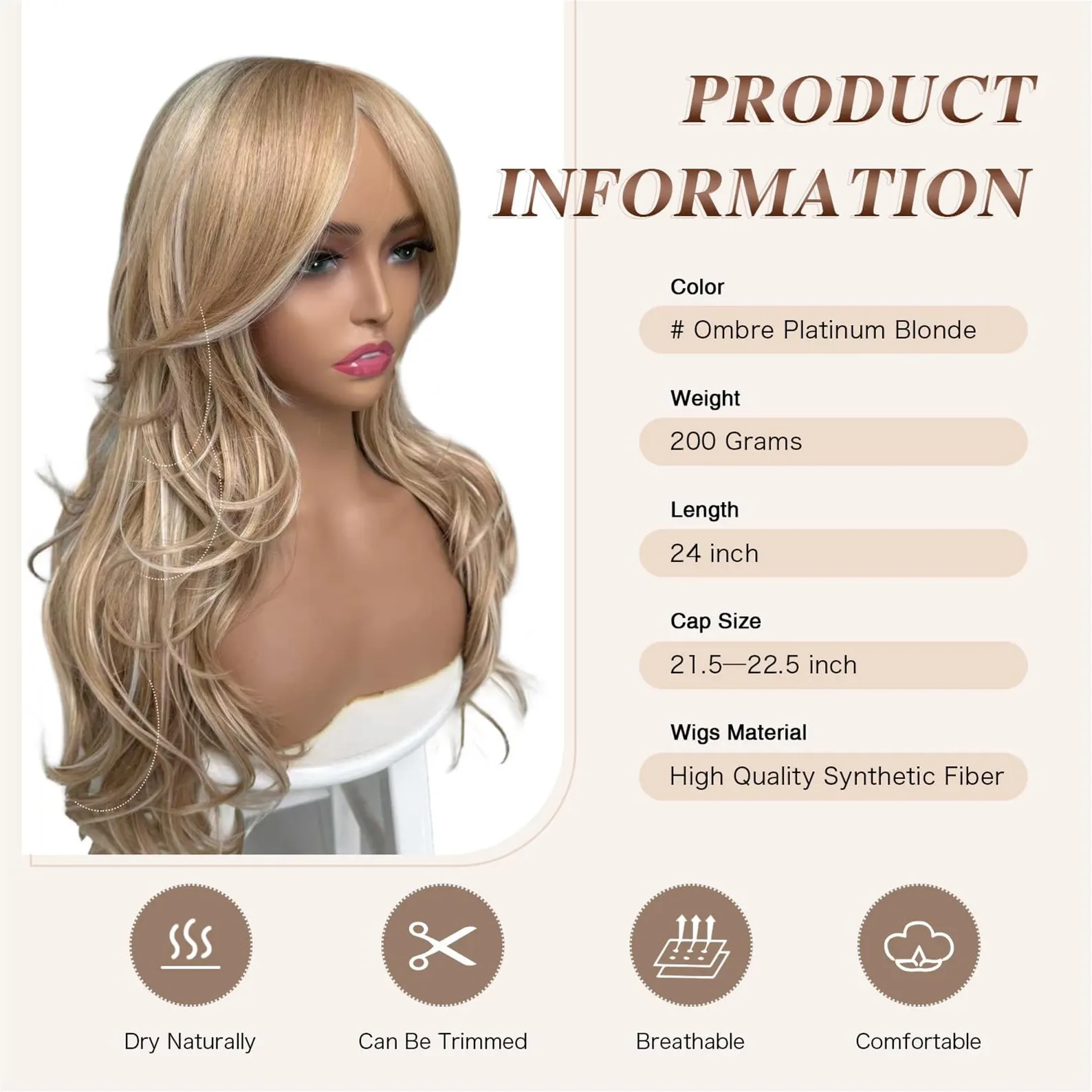 Platinum Blonde Highlight Ombre Light Brown Wig Long Wavy Layererd Wigs with Curtain Bangs for