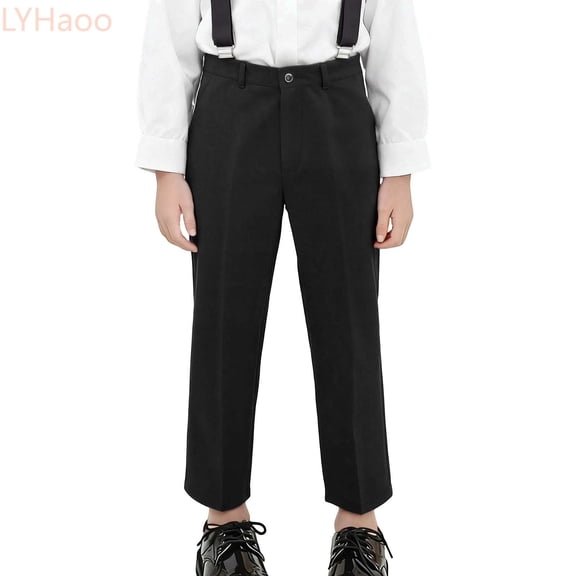 LYHaoo Boys Formal Dress Pants, Straight Leg School Uniform Pants Front Button for Kids Daily School(Black)