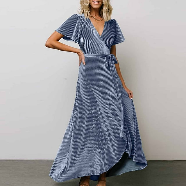 Gspmoly Robes pour Femmes, Mode Femme Aguichant d'Été à Rayures Col en V Manches Courtes Couleur Unie Soirée Formelle Longue Robe Robes de Cocktail pour Femmes Offres du Jour