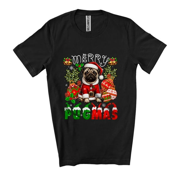 Merry Pugmas; Adorable Christmas Santa Pug With X-mas Ornaments; Pajama Family Group Unisex T-Shirt