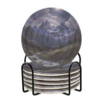 Yayeee 6 PCS Drink Coasters with Holder Set Woven Absorbent Round Tabletop Hot Pad, Moonlight Mountain