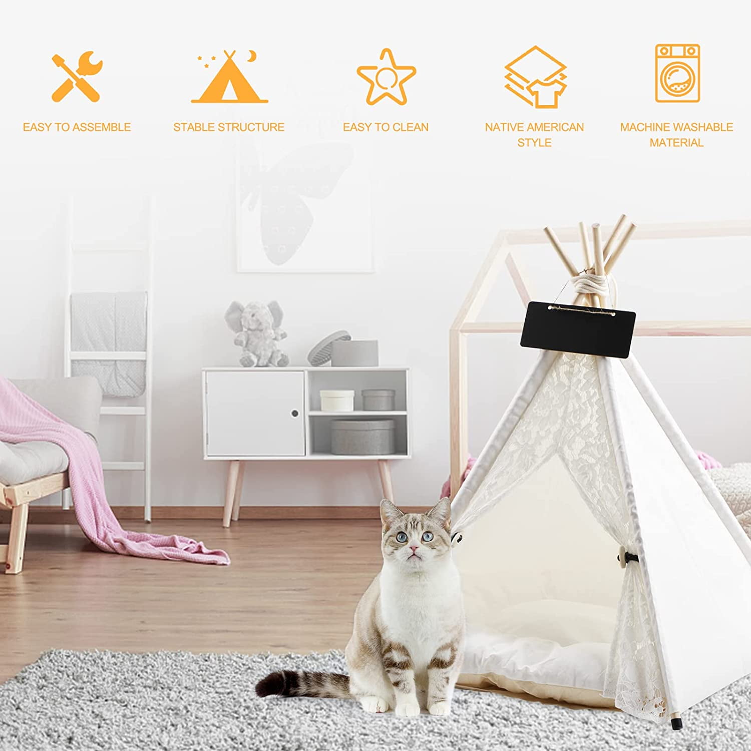 Portable Pet Teepee Tent for Medium and Large Pet,Foldable Dog and Cat House with Luxury Cushion Washable ，Indoor/Outdoor Use, Lace Style