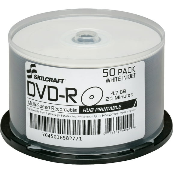 SKILCRAFT, NSN6582771, Inkjet 4.7GB 16X DVD-R Discs, 50, Matte White