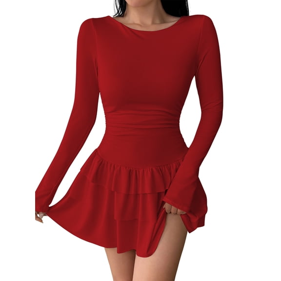 Women Long Sleeve Corset Mini Dress Ruffle Hem Short Party Club Dresses Red XS