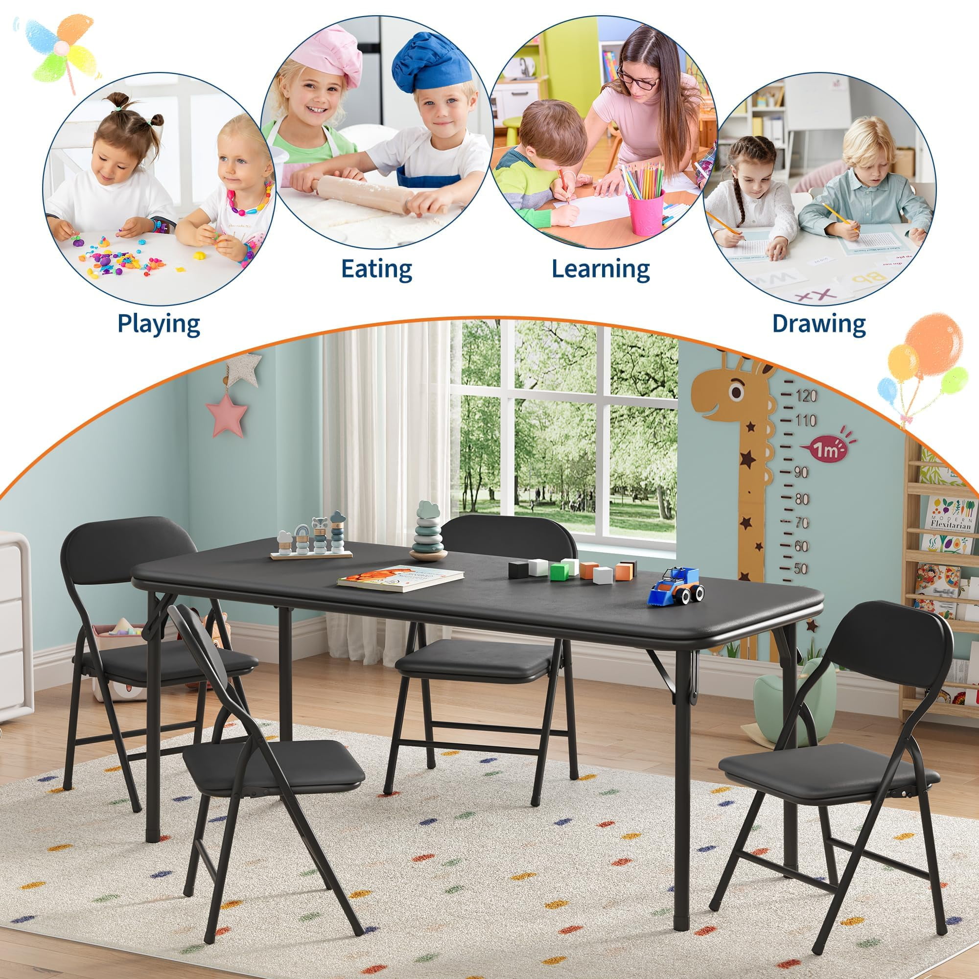 Ultra Soft PU Padded 1/5/7-Piece Kids Folding Table and Chairs Set – Durable Steel Frame, Anti-Slip Feet, No Assembly – Portable for Study, Dining, Learning Space, Play