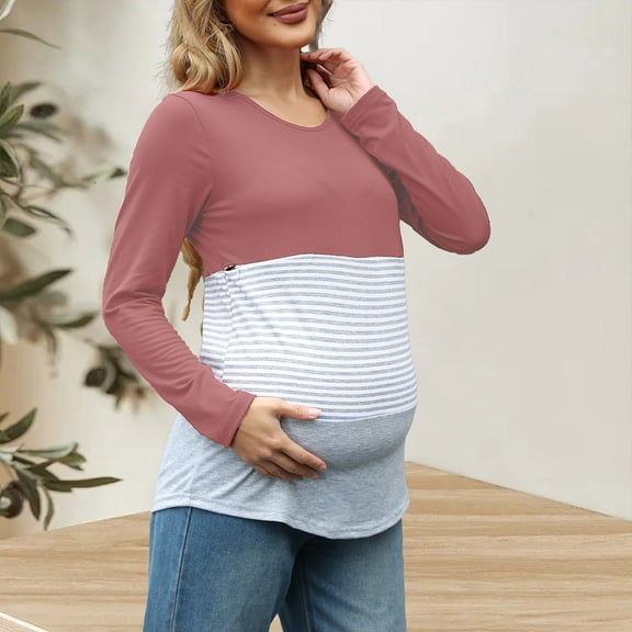 Dxzfnsa Maternity Clothes for Women Womens Fashion Solid Color Stripe Pregnancy Tops Round Neck Long Sleeve Pregnant Blouses Lightweight Breastfeeding Casual Tops