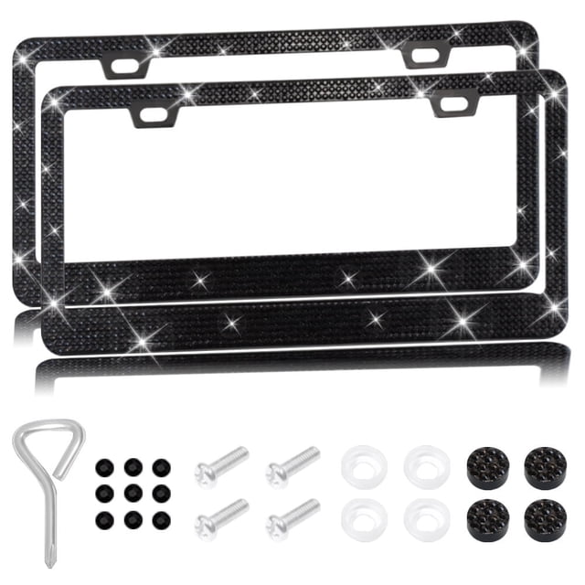 YOPTOP 2PCS Bling Car License Plate Frame Sparkly Rhinestone Stainless Steel License Plate Cover/Holder Universal for Most Cars SUVs Vehicles with Screw Set Auto Accessories for Wome,black
