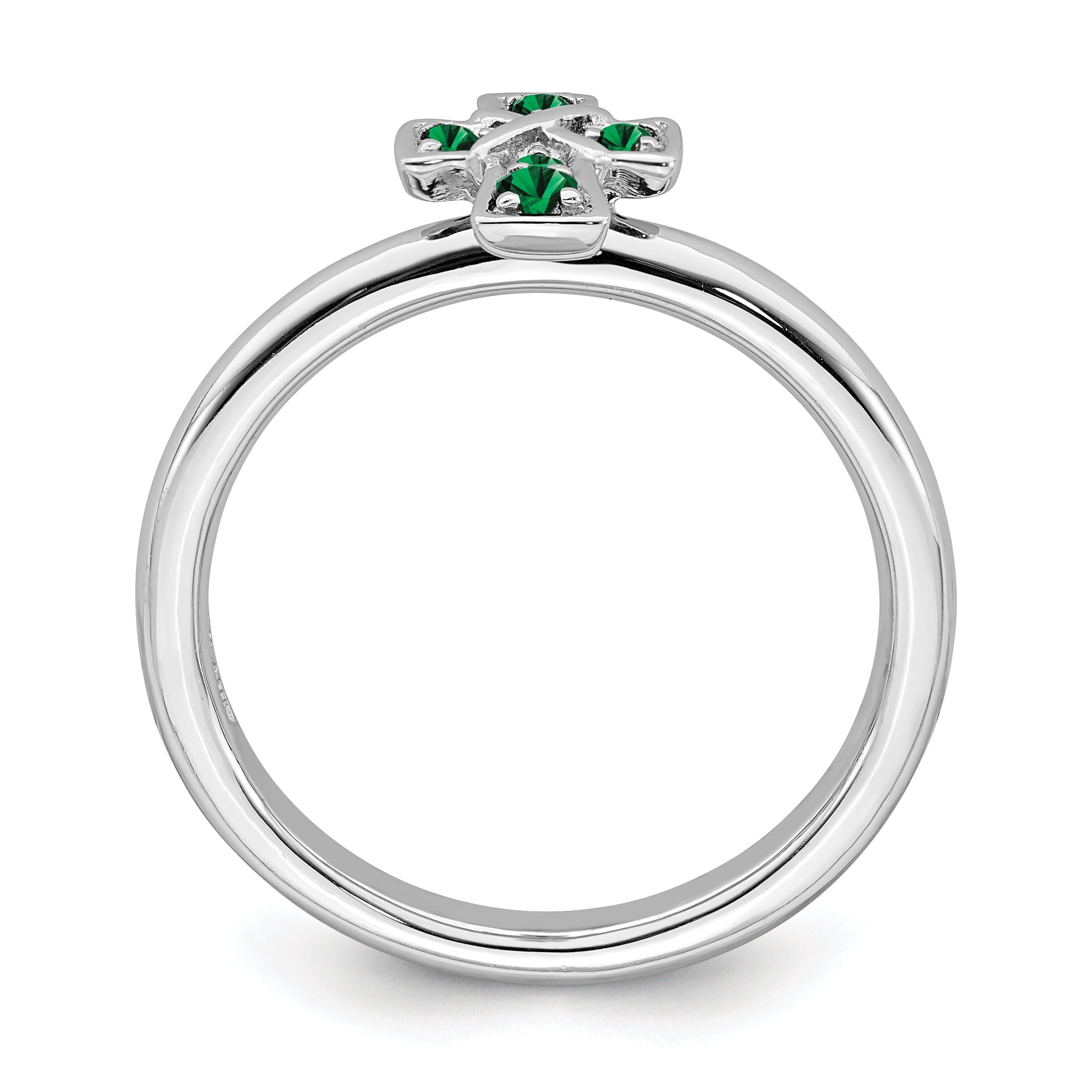 Created Emerald Sterling Silver Rhodium Cross Ring