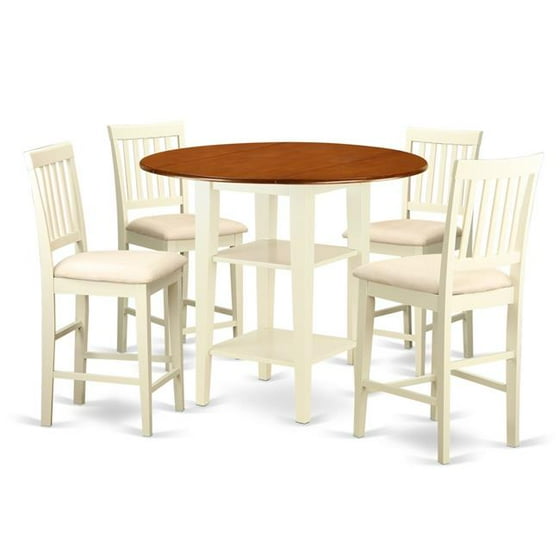 East West Furniture Sudbury 5 Piece Round Double Drop Leaf Dining Table Set With Slat Back Chairs