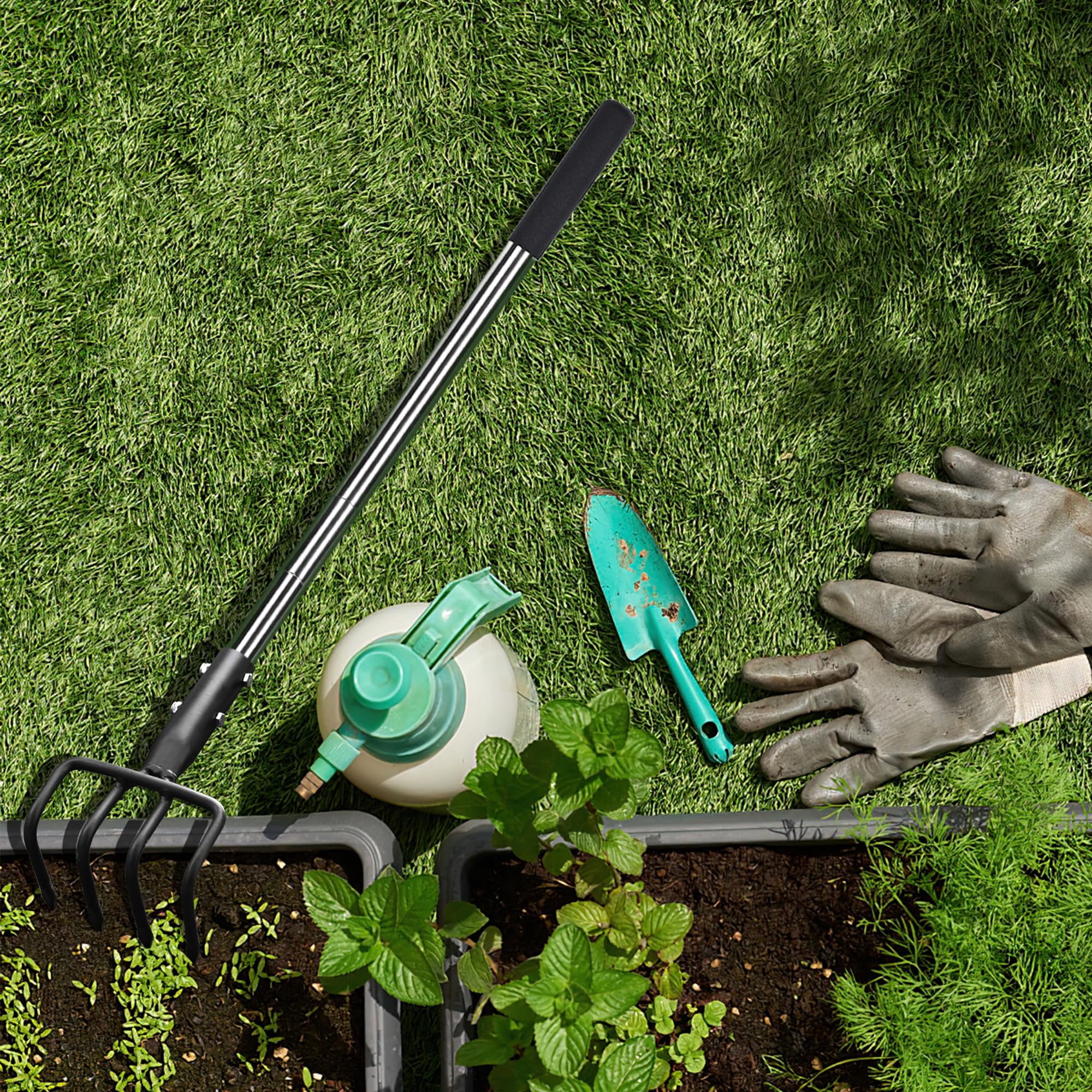 Long Hand Cultivator  Carbon Steel & Stainless Tiller Garden With Telescopic Handle And Soft Cover For Digging Loosening Weeding