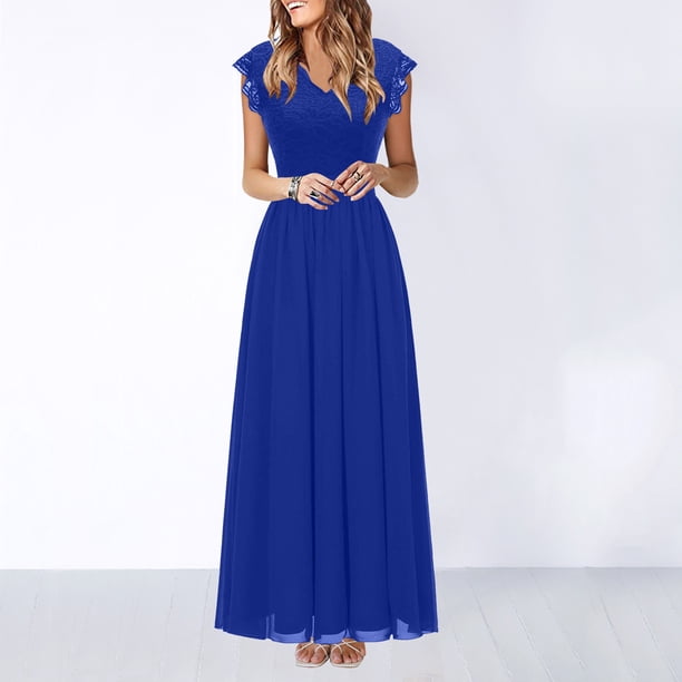 ICHUANYI Clearance Women's Sexy Hollow Out V-neck Large With Sleeveless Lace Stitching Chiffon Long Dress(Blue, S) ICHUANYI WER2023081207055