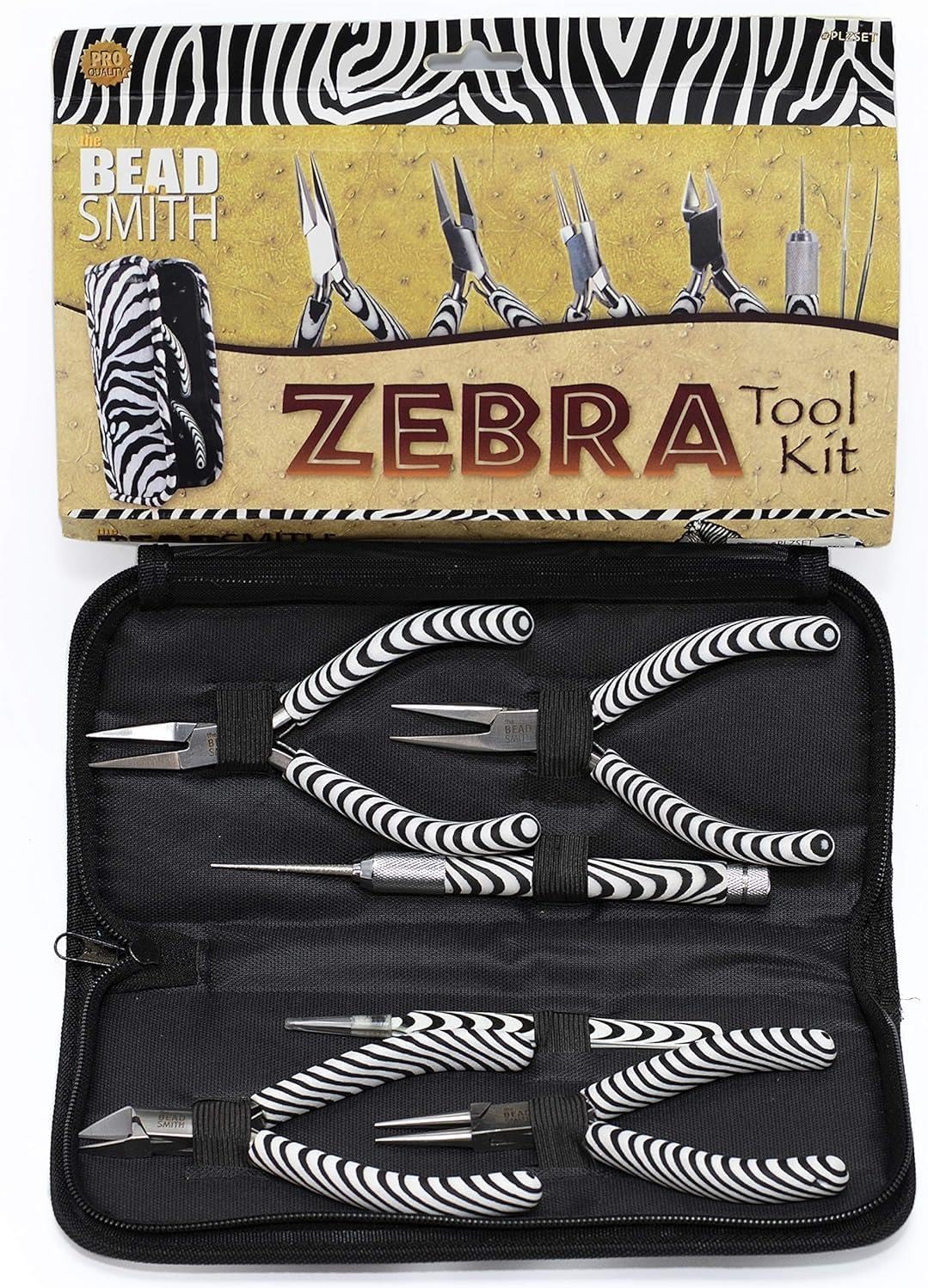 The Beadsmith Zebra Print Pliers – 5 Inch Tools, 6 Piece Kit: Chain Nose, Round Nose, Bent Chain Nose, Side Cutter, Tweezers & Reamer with Zippered Pouch – Tools Set for Jewelry Making