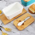 thumbnail image 4 of Ceramics Butter Dish with Wooden Lid Stainless Steel Cutter Large Capacity Fridge Countertop Butter Container Keeper Holder Box Kitchen Supplies, 4 of 7