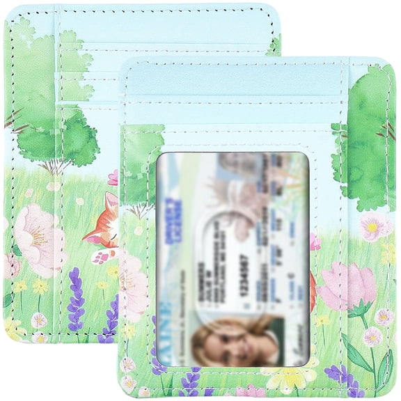 Thin Front Pocket Wallet Cat Flower Pattern PU Leather RFID Blocking Credit Card Holder Case ID Window Slim Minimalist Wallet Card Organizer