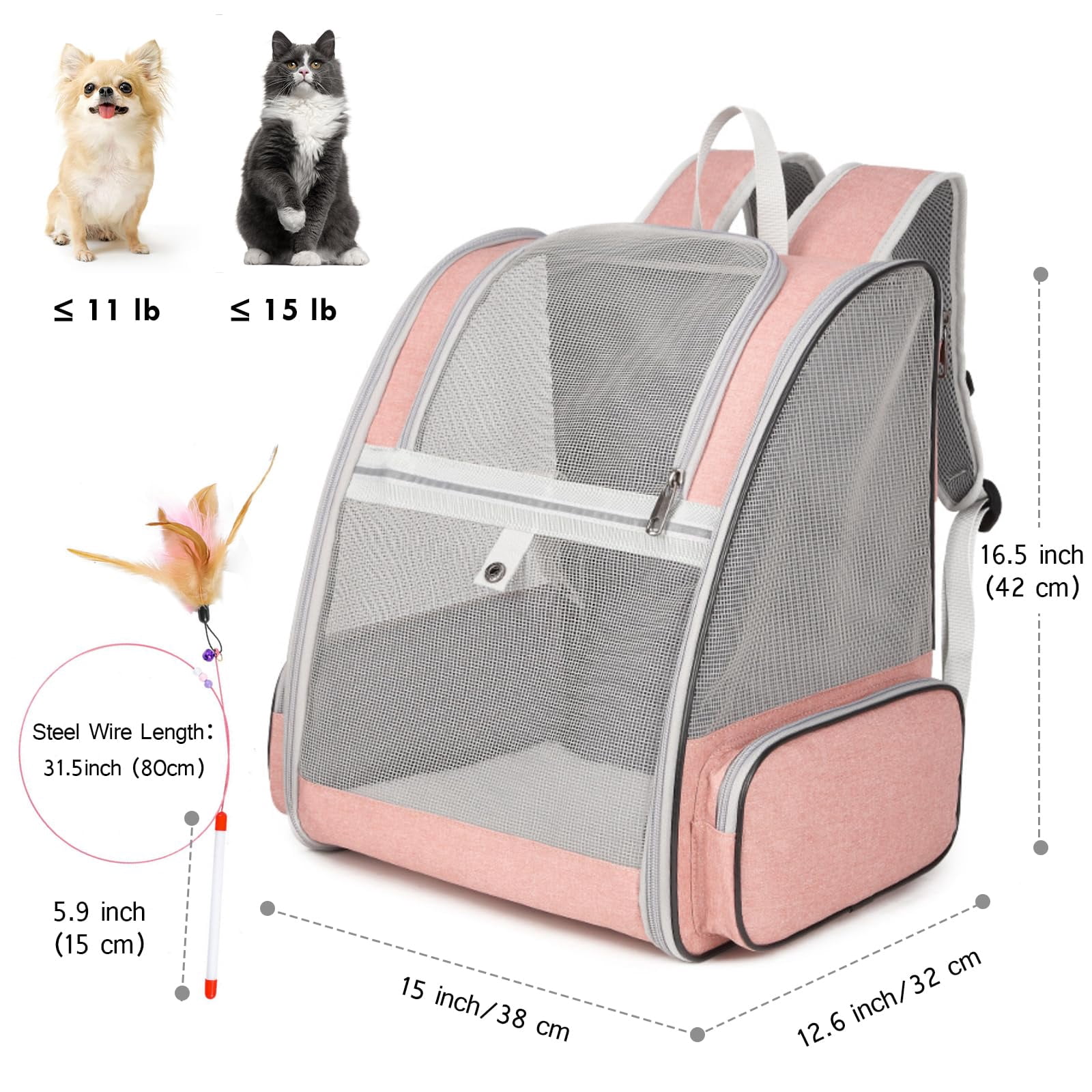 Cat Backpack Carrier, Large Pet Backpack with Kitten Wand Feather Toy for Medium Small Dog Cat Puppy Kitty Bunny up to 15lbs, Ventilated Mesh Dog Travel Carrier for Hiking Walking Outdoor Use