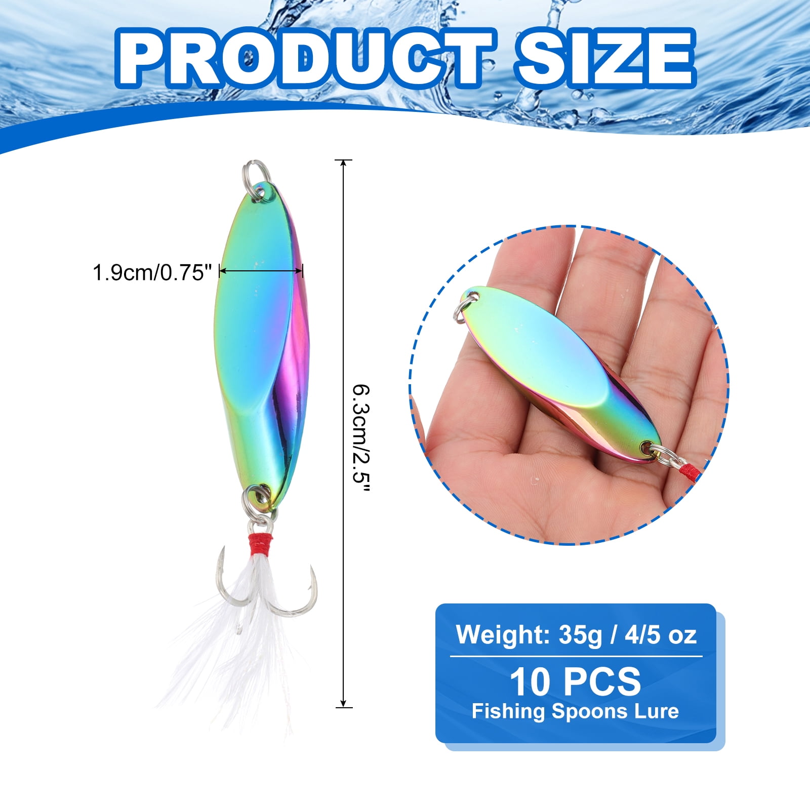 Uxcell Fishing Spoons, 10 Pcs 4/5 oz Fishing Lures Casting Spoon Treble Hooks Jigs Hard Metal Spinner Baits for Freshwater Saltwater Salmon, Multicolor