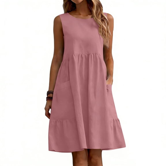 Bosfbaoi Dresses For Women Linen Cotton Sleeveless Babydoll Dress Round Neck Pocketed Summer Dress Ruffle Hem Women Dresses Casual Dresses For Women