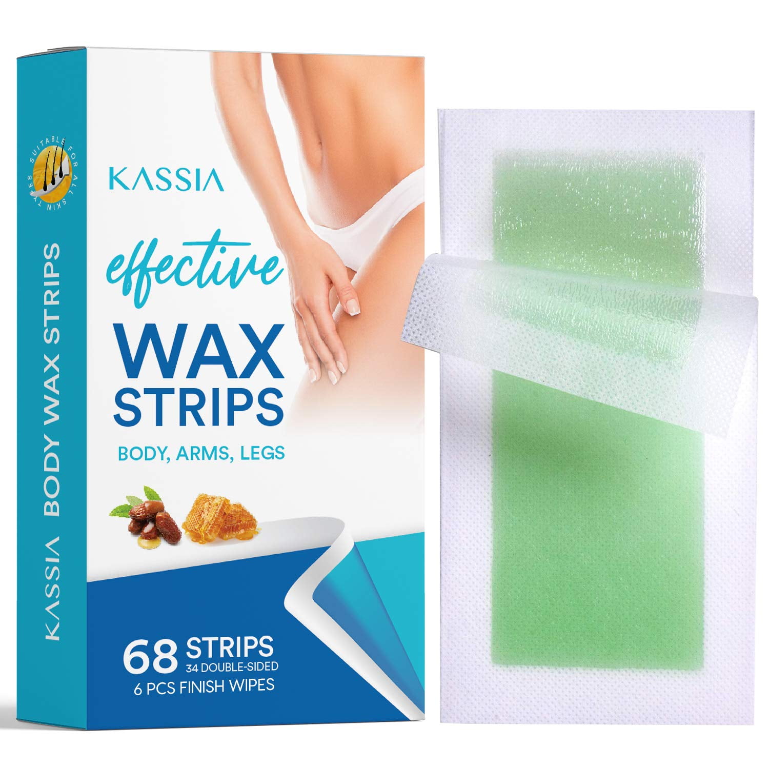 KASSIA Body Wax Strips, Wax Strips for Arms, Legs, Underarm Hair, Eyebrow, Bikini, Brazilian, Waxing Kit Contains 68 Strips and 6 Finish Wax Wipes - KASSIA Body Wax Strips, Wax Strips for Arms, Legs, Underarm Hair, Eyebrow, Bikini, Brazilian, Waxing Kit Contains 68 Strips and 6 Finish Wax Wipes -