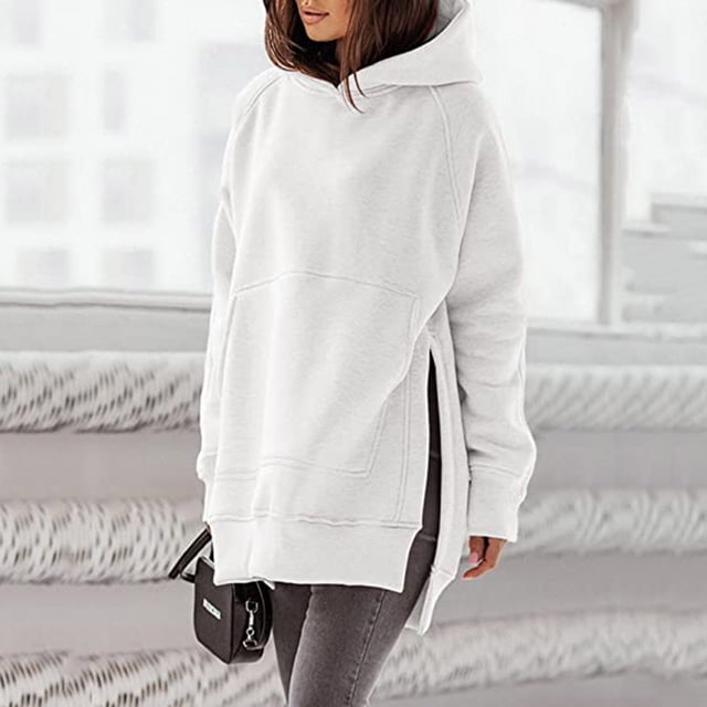 ICHUANYI Clearance Women Casual Long Sleeve Loose Solid Pocket Round Neck Medium And Long Tops Hoodies Sweatshirts Women Blouse(White, S) ICHUANYI WER2023081007811