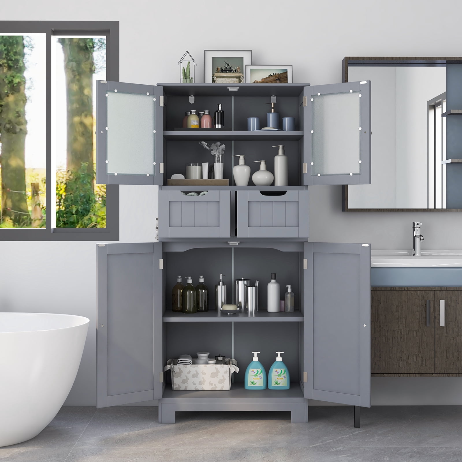 Giantex Freestanding Bathroom Storage Cabinet, Tall Linen Floor Cabinet w/Adjustable Shelves, Grey