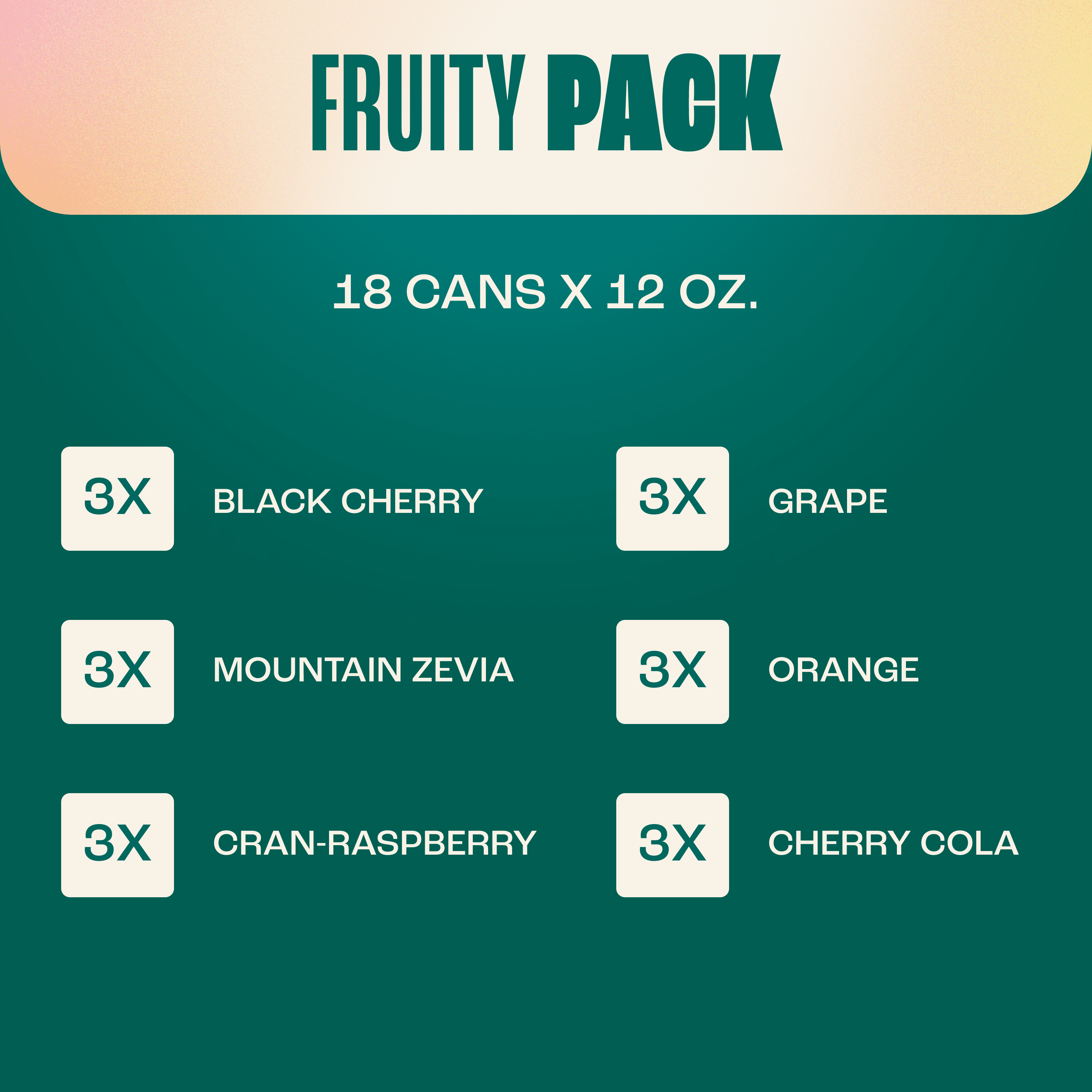 Zevia Fruity Variety 18 Pack:Black Cherry,Grape,Mountain Zevia,Orange,Cherry Cola,Cran-Raspberry