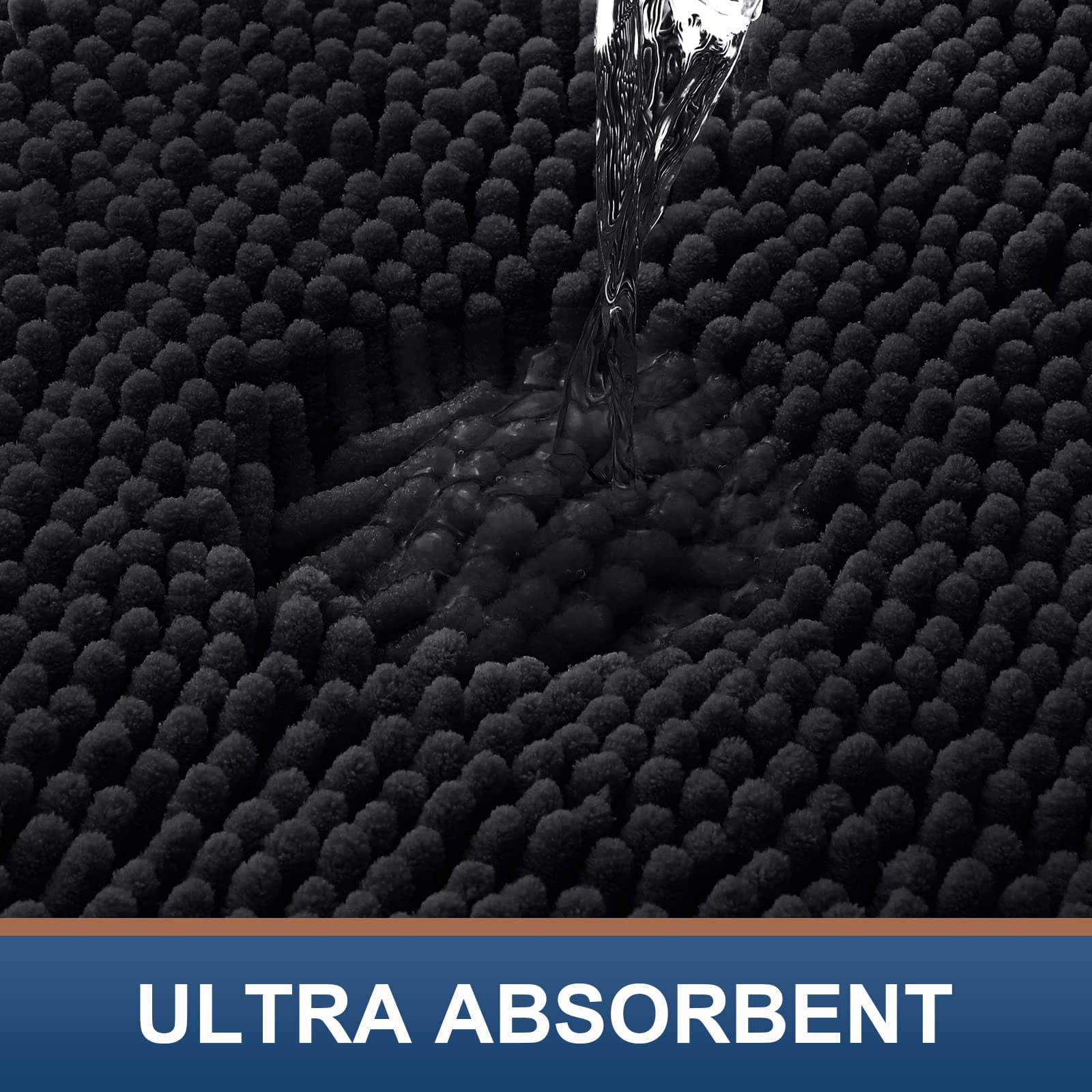 Smiry Luxury Chenille Bathroom Rugs, Extra Soft and Absorbent Bath Mat, Black, 17"x47"